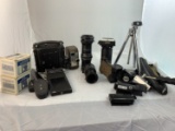 2 Cameras, Tripods, and Accessories- Busch Pressman, Keystone Capri K-30.