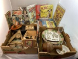 Group of Items - Brass Hooks, Safety Box, Watches, Comics, Collectors Plates, rulers, stone trivet