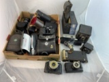 Assorted Cameras, Cold heat soldering tool, Tasco Binoculars 7x35, Cases, and random lenses.