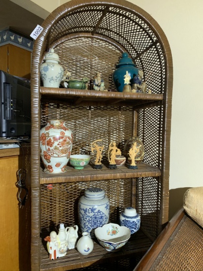 Wicker Shelf with Contents - Ginger jars, Oriental style figures and glassware
