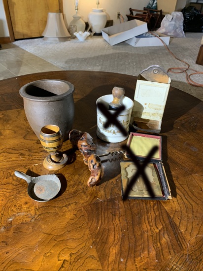 Stoneware cup, Match Holder, Burl wood Corkscrew, & More