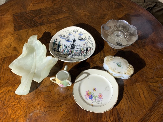 Alabaster Dish, Oriental Glassware, Sterling inlaid dish and more