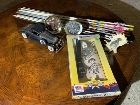 Arrows, Car Radio, 2 Vintage Clocks & Toy Gun