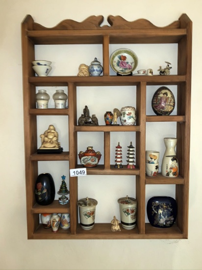 Wooden Display Shelf with Oriental Items