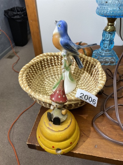 Antique wooden toy, ceramic bluebird, Native American basket