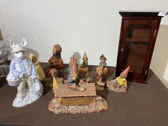 Resin Moe Clark Gnomes, ceramic rabbit, small antique doll sized cabinet