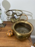 Old Brass Aladdin Lamp, ceramic basket, brass kettle