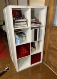 Cube Shelf with 2 Red Storage Inserts and Contents