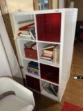 Cube Shelf with 3 Red Storage Inserts and Contents