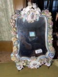 19th century elaborate porcelain mirror w/flowers, cherubs