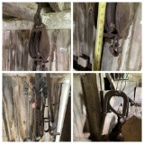 Large farm pulley, horseshoes, jacks