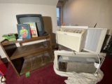 Vintage cabinet, books, TV, air conditioners, baseball game