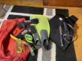 Dive knife, wet suit, flippers, snorkel, mask etc