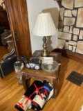 Vintage end table, lamp, stereo, decorative rugs