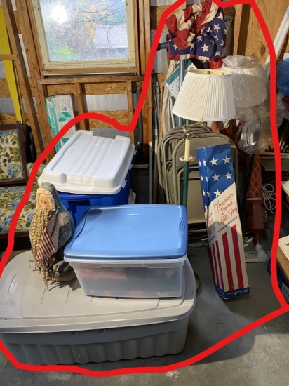 Old flags, totes of xmas, folding chairs and more lot