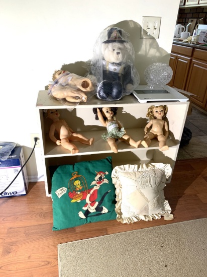 Retro Style Shelf with Contents of Dolls and Other Items