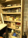 Contents of Wooden Shelf - Blue Grit Roll Cloth, Hardware, Plane, and More