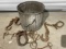 Metal garbage can with clovis, hooks, chains etc
