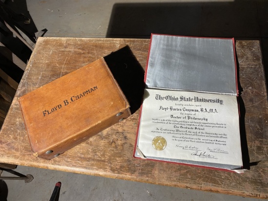 ANtique box and diploma identified to Floyd B Chapman