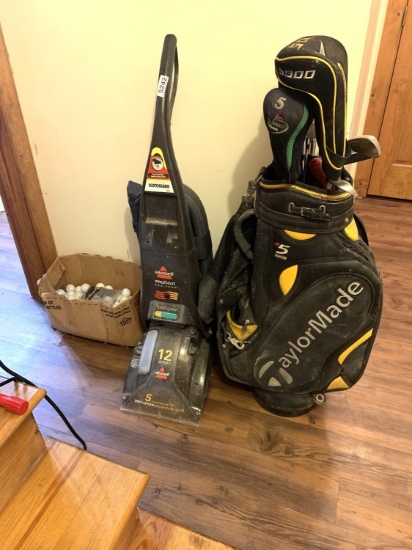 Taylormade Golf Bag, Golf Clubs, Golf Balls, & Bissell Rug Scrubber