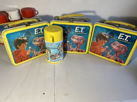 3 Vintage ET metal Lunchboxes PLUS One Thermos