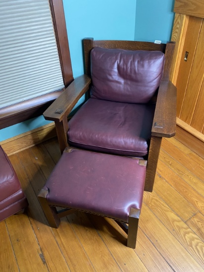 Stickley Armchair and Footstool w/Leather Cushions