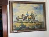 Old Western Print in Frame - Cowboys, Plane