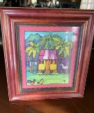 Vintage Signed Framed Painting - Tropical Village Hut