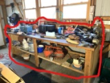 Contents of Work Bench - Tool Box, Tools, Gas Can, Work Lights, & More