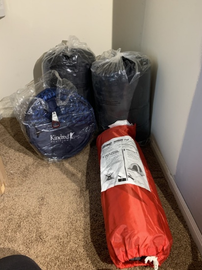 2 New Sleeping Bags, Coleman 7 x 7 Tent, &  Collapsible Bag