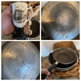 Antique Skillets, Hall Pottery festival mugs etc