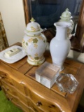 Lucite block, ashtray, urn, vase, plate lot.