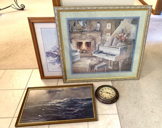 Group of Framed Art and Clock