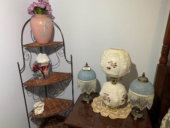 Collection of 3 Lamps and Corner Shelf with Contents