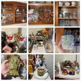 Large Assortment of Glassware, Crystal, Doll Pianos, Holiday Items, & Gift Wrap