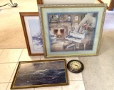 Group of Framed Art and Clock