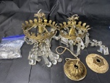 2 Antique Hanging Brass and Crystal Chandeliers