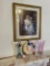 Framed print, vase, princess plate, hair pins lot