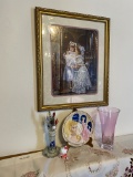 Framed print, vase, princess plate, hair pins lot