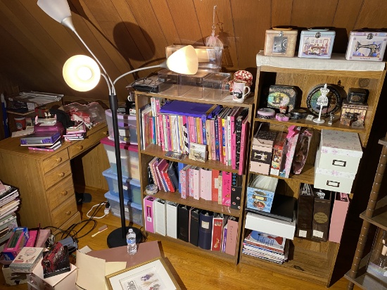 Two shelves, desk, lamp lot
