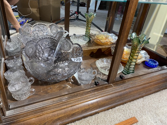 Green Carnival vase, glass punch bowl and more