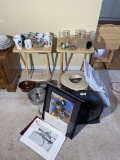 Assorted glass, fans, framed art, TV tables