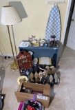Wooden shelf, lamp, assorted other items lot