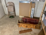 Wooden shelves, mirror, folding chairs lot