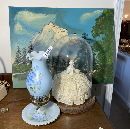 Small lamp, doll under dome, painting lot