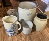 3 pieces of stoneware, decorated jug, store jar