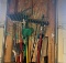 Group of Handle Tools - Rakes, Brooms, Hedge Trimmers