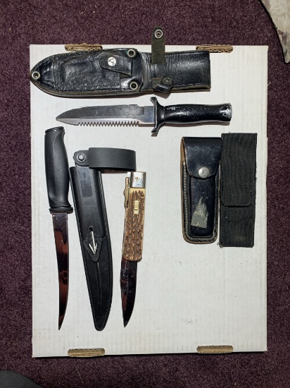 Assortment of Knives - Fiskars, Nalor, Parker Brothers and 2 Knife Sheaths