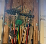 Group of Handle Tools - Rakes, Brooms, Hedge Trimmers