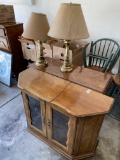 Console table, display cabinet, two lamps